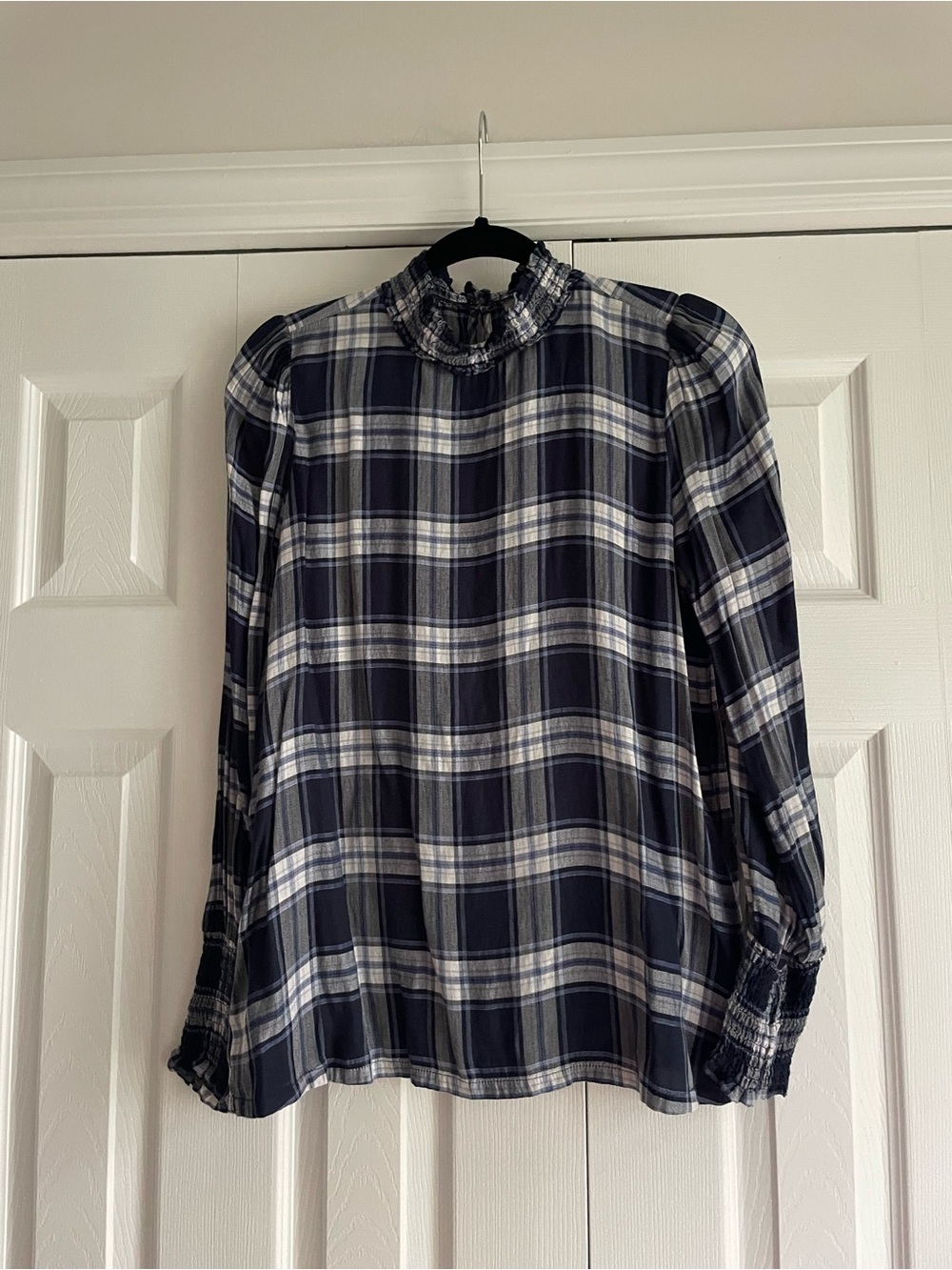 LOFT Navy and White Plaid Ruffle Neck Blouse